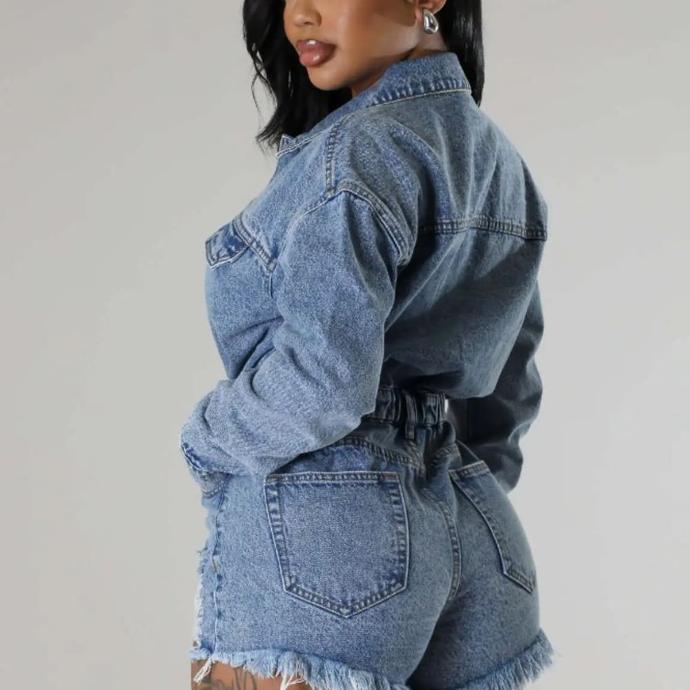 High Elastic Broken Hole Denim Playsuit Romper - Sexy Button V Neck Long Sleeve Jumpsuit